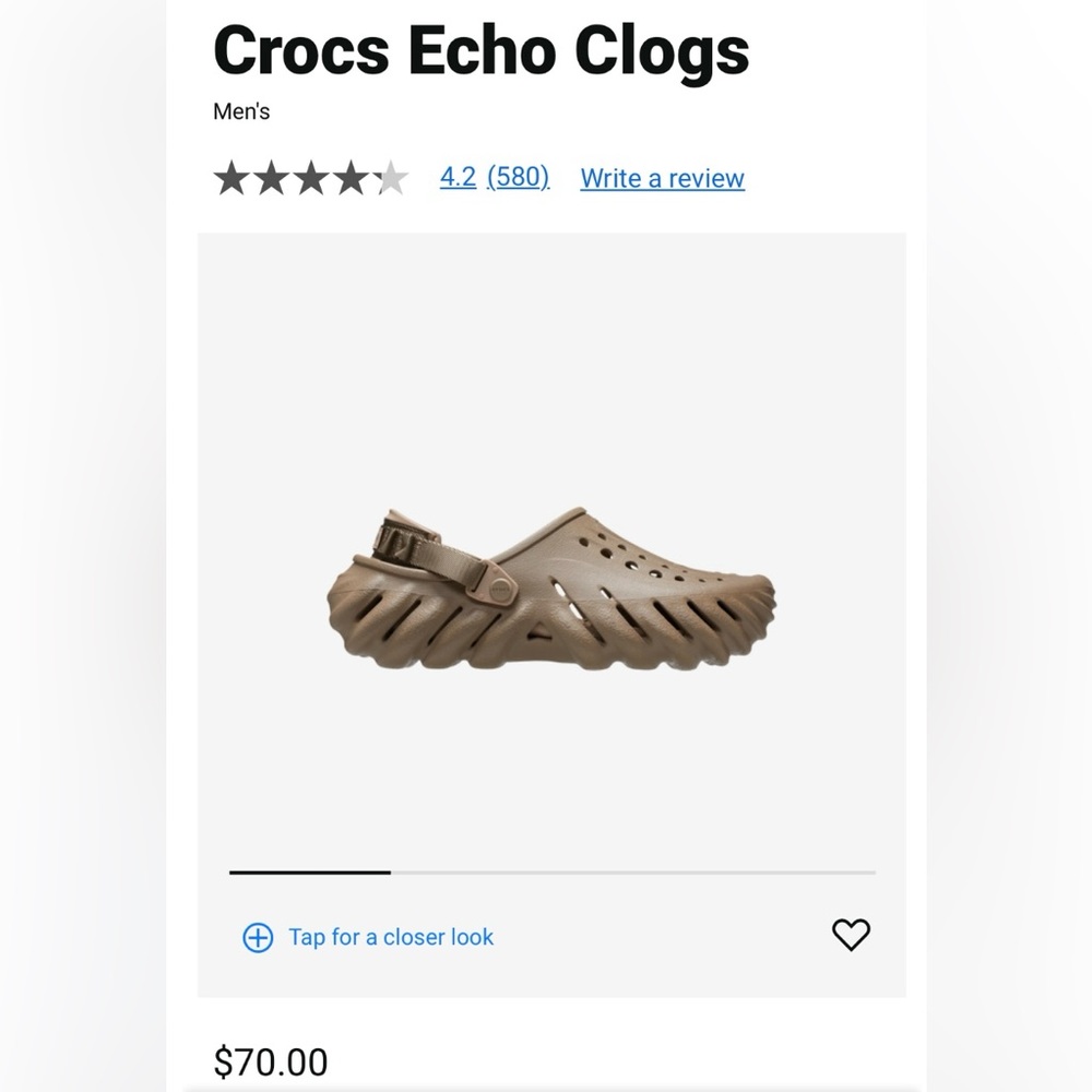 Crocs Echo Clogs, Unisex, Men’s Size 10 & Women’s Size 12. Color: Beige/Khaki